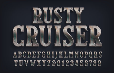 Rusty Cruiser alphabet font. Distressed metal letters and numbers with rivets. Stock vector typescript for your design.のイラスト素材