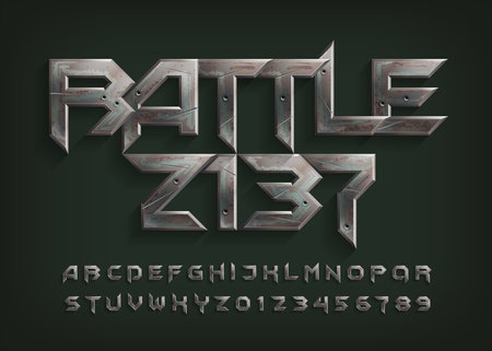 Battle 2137 alphabet font. Distressed metal letters and numbers in futuristic style. Stock vector typeface for your design.のイラスト素材