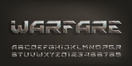 Warfare alphabet font. Distressed metal letters and numbers in futuristic style. Stock vector typeface for your design.のイラスト素材