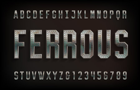 Ferrous alphabet font. Shabby metal letters and numbers with rivets. Stock vector typescript for your design.のイラスト素材