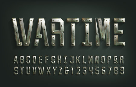 Wartime alphabet font. Scratched metal letters and numbers. Stock vector typeface for your design.のイラスト素材