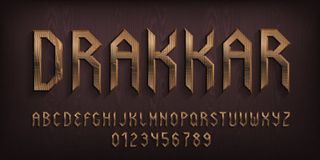Drakkar alphabet font. Damaged wooden letters and numbers. Stock vector typescript for your typography design.のイラスト素材