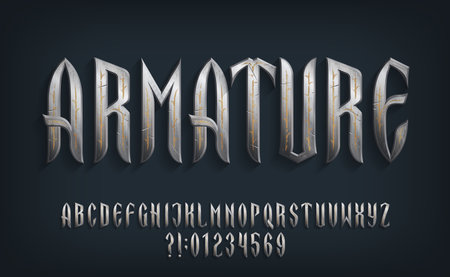 Armature alphabet font. Distressed metal ornate letters, numbers and symbols. Stock vector typescript for your typography design.のイラスト素材