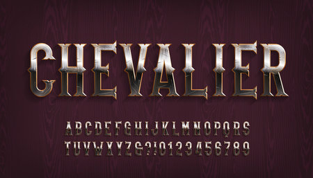 Chevalier alphabet font. Scratched metal letters and numbers. Stock vector typescript for your typography design.のイラスト素材