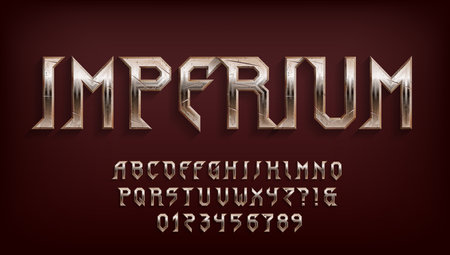Imperium alphabet font. Damaged metal old letters, numbers and symbols. Stock vector typescript for your typography design.のイラスト素材
