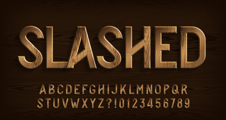 Slashed alphabet font. Damaged wooden letters and numbers. Stock vector typescript for your typography design.のイラスト素材