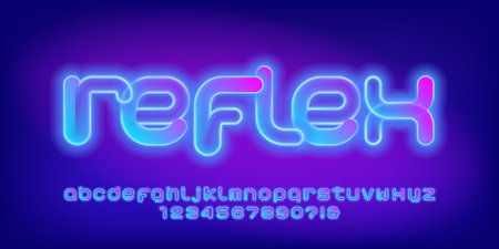 Reflex alphabet font. Neon glow futuristic letters and numbers. Stock vector typeface for your design.のイラスト素材