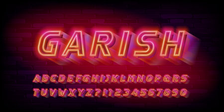 Garish alphabet font. Neon color letters and numbers. Brick wall background. Stock vector typeface for your design.のイラスト素材