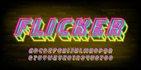 Flicker alphabet font. Neon glow 3d letters and numbers. Brick wall background. Stock vector typeface for your design.のイラスト素材