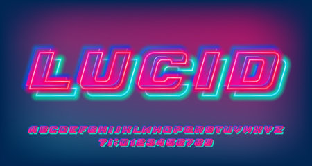 Lucid alphabet font. Bright neon color letters and numbers. Stock vector typeface for your design.のイラスト素材
