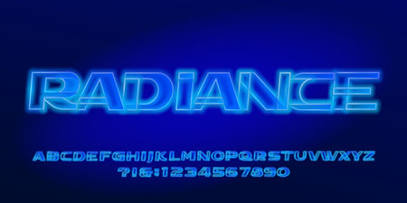 Radiance alphabet font. Blue neon color letters and numbers. Stock vector typeface for your design.のイラスト素材