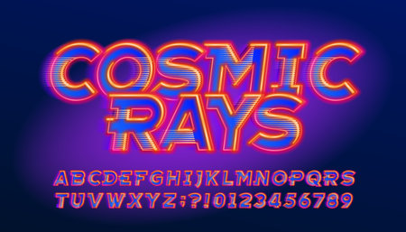 Cosmic Rays alphabet font. Neon glow letters and numbers. Stock vector typeface for your design.のイラスト素材