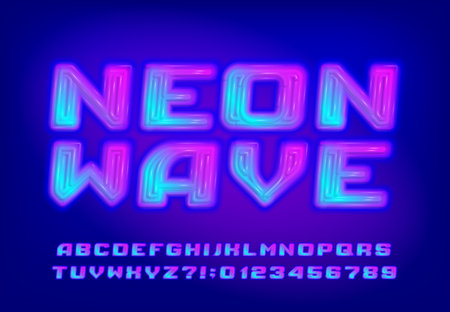 Neon Wave alphabet font. Neon glow futuristic letters and numbers. Stock vector typeface for your design.のイラスト素材