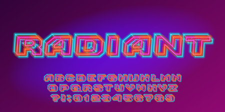Radiant alphabet font. Colorful neon light letters and numbers. Stock vector typeface for your design.のイラスト素材