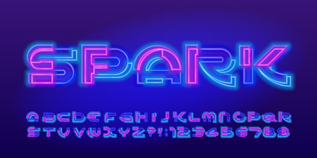 Spark alphabet font. Neon futuristic letters and numbers. Stock vector typeface for your design.のイラスト素材