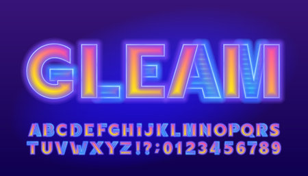 Gleam alphabet font. Neon glow colorful letters and numbers. Stock vector typeface for your design.のイラスト素材