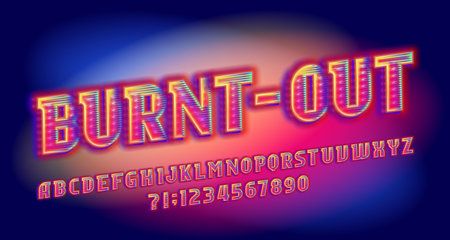 Burnt-out alphabet font. Colorful neon light letters and numbers. Stock vector typeface for your design.のイラスト素材