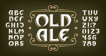 Old Ale alphabet font. Letters and numbers in medieval style for label, badge or emblem design. Stock vector typeface for your typography design.のイラスト素材
