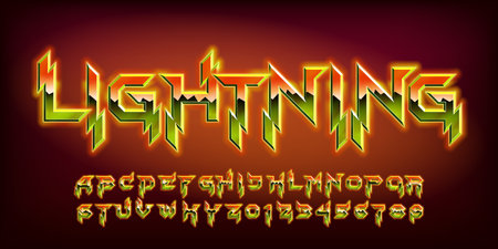 Lightning alphabet font. Glowing letters and numbers in hard rock style. Retro typescript for your typography design.のイラスト素材