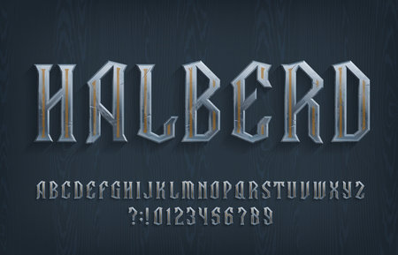 Halberd alphabet font. Chopped metal letters and numbers on a wooden background. Stock vector typescript for your typography design.のイラスト素材