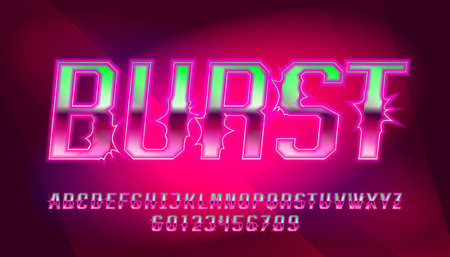 Burst alphabet font. Bright neon light letters and numbers. Stock vector typeface for your design.のイラスト素材