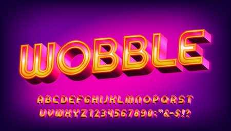 Wobble alphabet font. 3d neon 80s style letters and numbers. Stock vector typeface for your design.のイラスト素材