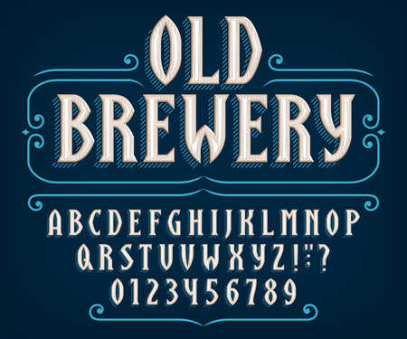 Old Brew alphabet font. Ancient letters and numbers for label, badge or emblem design. Stock vector typeface for your typography design.のイラスト素材
