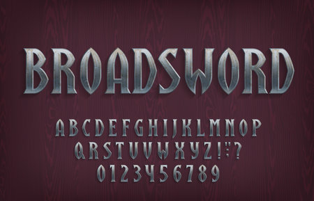 Broadsword alphabet font. Distressed metal letters and numbers on a wooden background. Stock vector typescript for your typography design.のイラスト素材