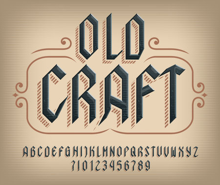 Old Craft alphabet font. Ancient letters and numbers for label, badge or emblem design. Stock vector typeface for your typography design.のイラスト素材