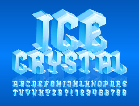 Ice crystal alphabet font. 3D cartoon ice letters and numbers. Stock vector typeface for your typography design.のイラスト素材
