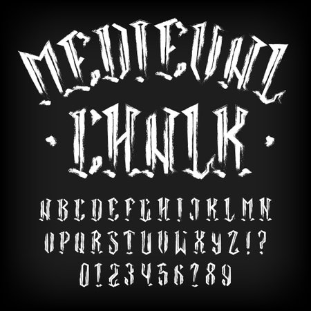 Medieval Chalk alphabet font. Ancient letters, numbers and symbols. Stock vector typeface for your design.のイラスト素材