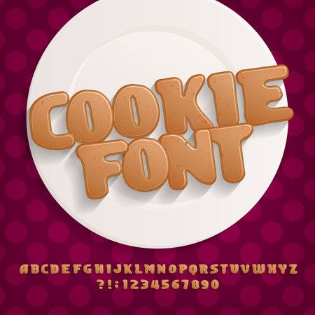 Cookie alphabet font. Cartoon cookie letters and numbers on a plate. Stock vector typeface for your typography design.のイラスト素材