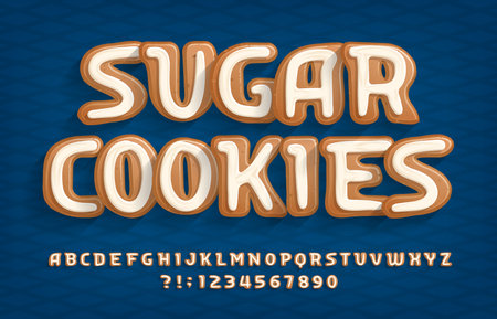 Sugar Cookies alphabet font. Cartoon cookie letters and numbers with sugar icing. Stock vector typeface for your typography design.のイラスト素材