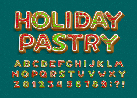 Holiday Pastry alphabet font. 3D cartoon letters and numbers. Christmas holiday vector illustration for your typography design.のイラスト素材
