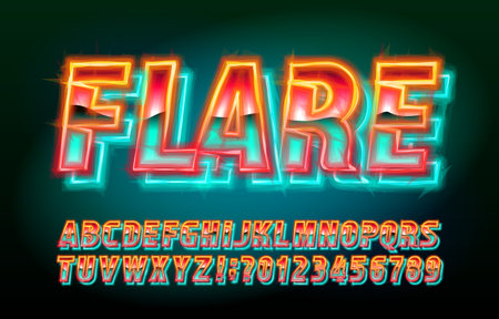 Flare alphabet font. Neon light colorful letters and numbers. Stock vector typescript for your design.のイラスト素材