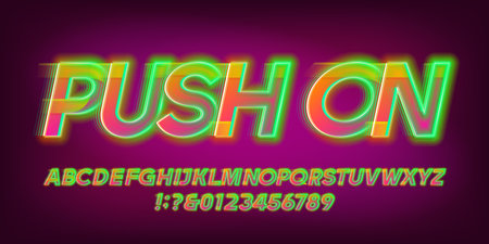 Push on alphabet font. Neon light letters and numbers with a speed effect. Stock vector typeface for your design.のイラスト素材