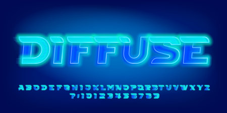 Diffuse alphabet font. Blue neon letters and numbers with a speed effect. Stock vector typeface for your design.のイラスト素材