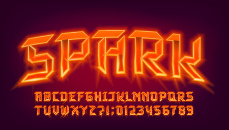 Outburst alphabet font. Electric letters and numbers in heavy metal style. Retro typescript for your typography design.のイラスト素材
