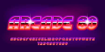 Arcade 80 alphabet typeface. 80s style bright neon letters and numbers. Stock vector typescript for your design.のイラスト素材