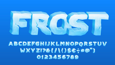 Frost alphabet font. 3D cartoon ice letters and numbers with cracks. Stock vector typeface for your typography design.のイラスト素材