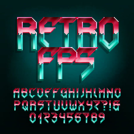 Retro FPS alphabet font. Pixel letters and numbers. 80s 90s video game typeface.のイラスト素材