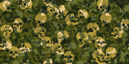 Skulls camo abstract seamless pattern. Camouflage in green colors. Military vector background for your design.のイラスト素材