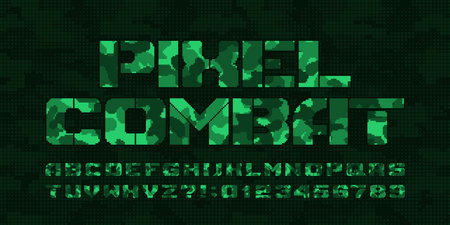 Pixel Combat alphabet font. Stencil pixel letters and numbers. 80s arcade video game typeface.のイラスト素材