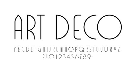 Art Deco alphabet font. Letters and numbers in outline style. Black on white. Stock vector illustration for your design.のイラスト素材