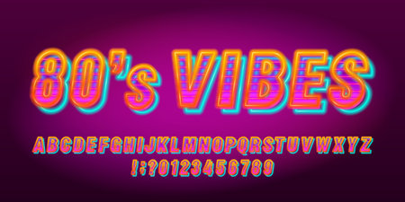 80s Vibes alphabet font. Bright neon color letters and numbers. Stock vector typescript for your design.のイラスト素材