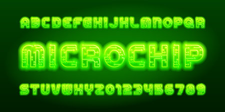 Microchip alphabet font. Green neon color letters and numbers. Stock vector typescript.のイラスト素材