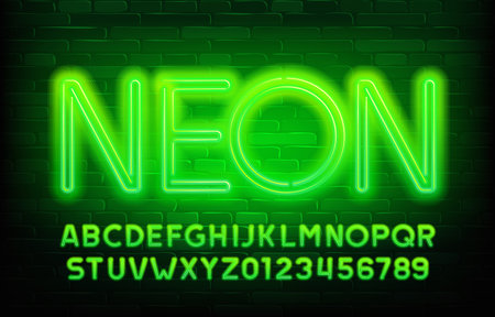 Neon alphabet font. Green neon color letters and numbers. Stock vector typescript for your design.のイラスト素材