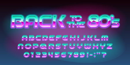 Back to the 80s alphabet font. 80s style bright neon letters and numbers. Stock vector typescript for your design.のイラスト素材