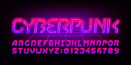 Cyberpunk alphabet font. Neon color futuristic letters and numbers. Stock vector typescript for your design.のイラスト素材