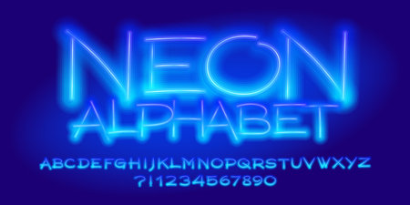 Neon alphabet font. Blue neon color letters and numbers. Stock vector typescript for your design.のイラスト素材